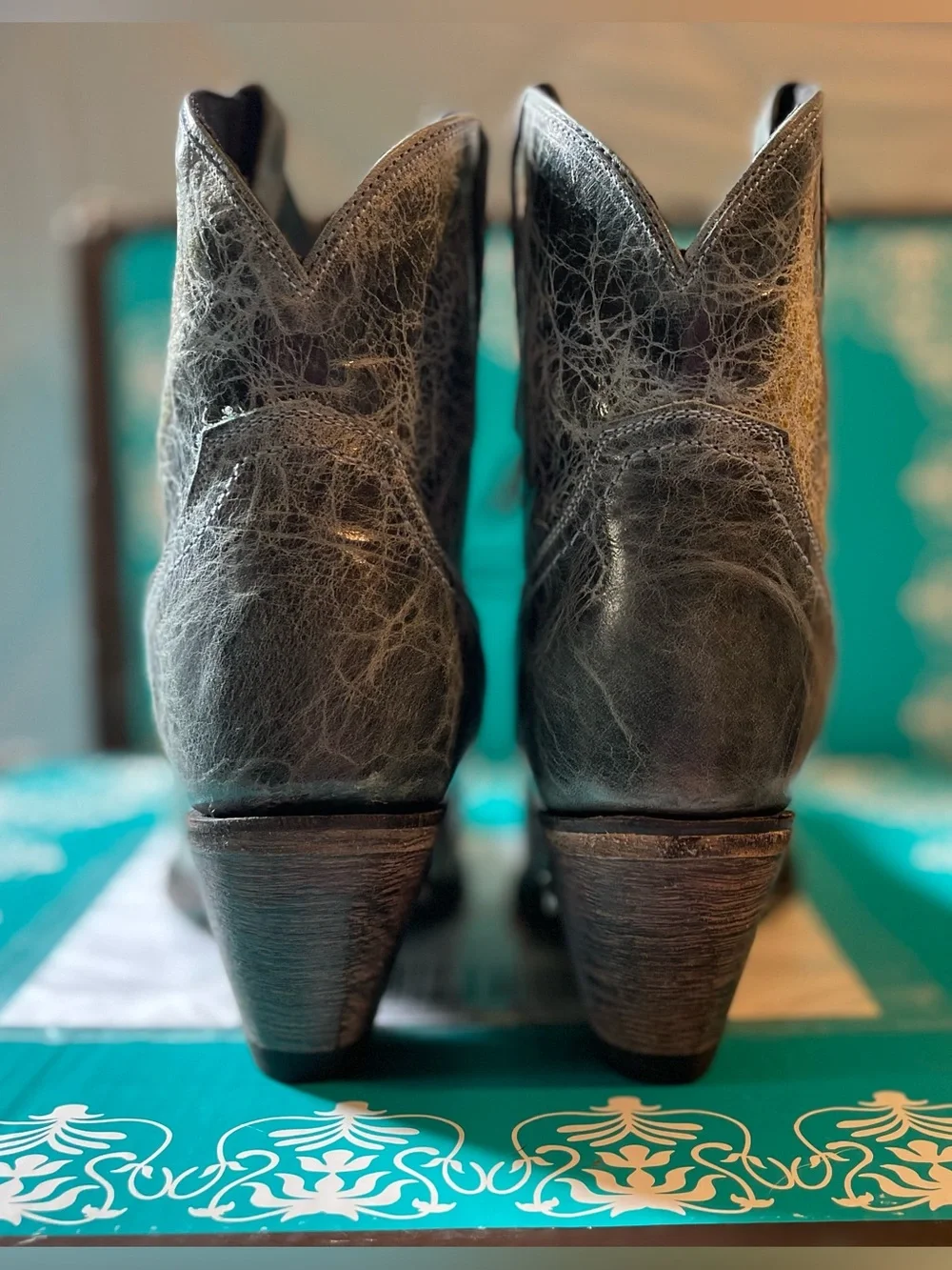 LANE Women's Teal Distressed Leather Western Ankle Boots